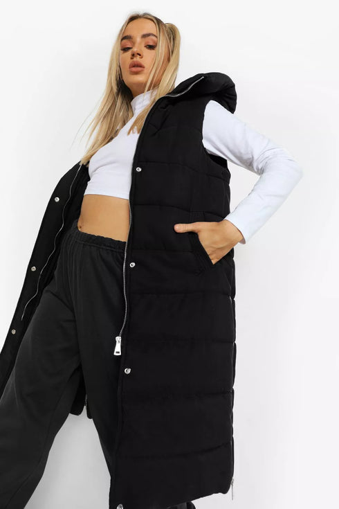 RISING WOMEN’S QUILT HOODED LONG JACKET - BLACK